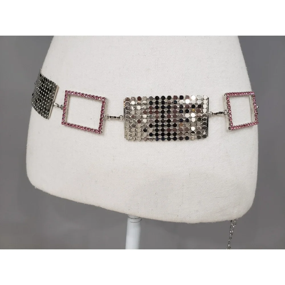 Vintage Rhinestone hipster belt PINK silver y2k 80s 90s bratz belly waist chain
